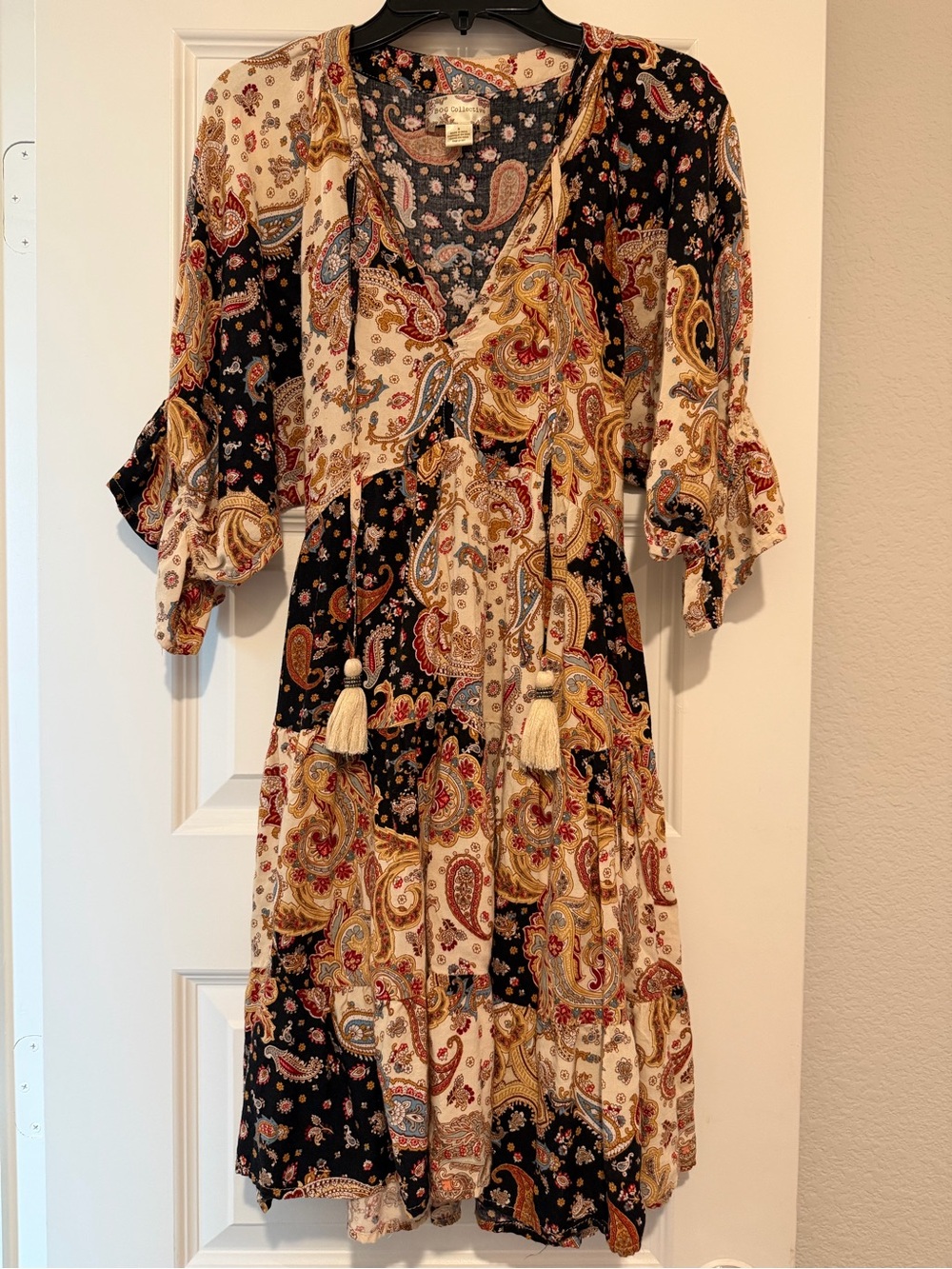 Paisley Tiered Midi Dress with Tassel Tie - Black & Cream